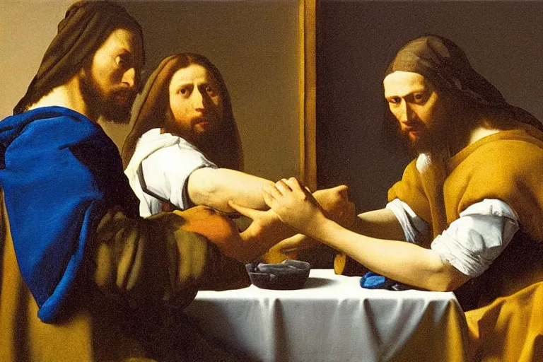 Prompt: an epic oil painting of God arm wrestling against Jesus Christ, painted by Johannes Vermeer