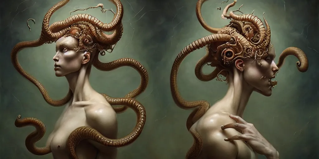 Image similar to ultra realistic, beautiful female gorgon moving through latent spaces in her head, in the style of peter mohrbacher by weta digital and beth cavener, high symmetry, intricate, elegant, evocative, masterpiece, award winning, high face symmetry, high realism