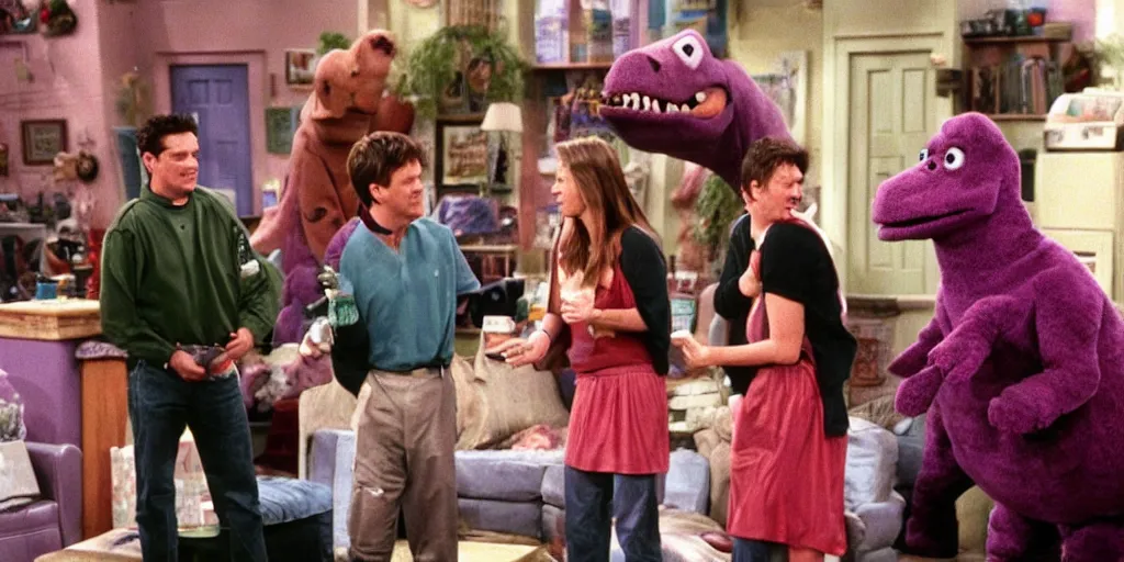 Prompt: Barney the dinosaur on the set of Friends (1994)