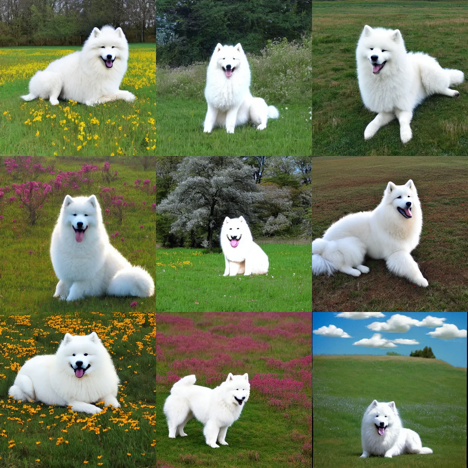 Prompt: a samoyed dog sitting in the middle of sunny meadow, by Akira Toriyama