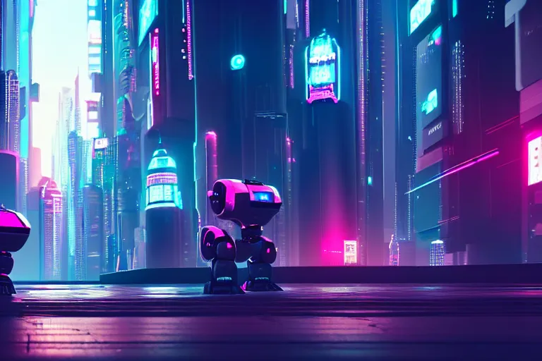 Image similar to a cute big robots in a cyberpunk city. super realistic 8 k render of a elegant, cinematic composition