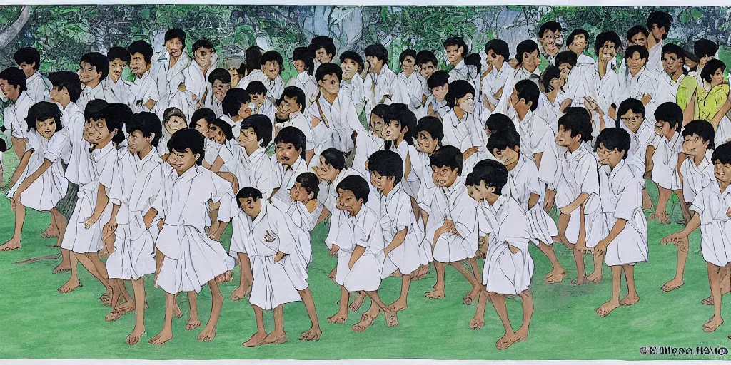 Prompt: sri lankan school kids, drawn by hayao miyazaki, rule of thirds