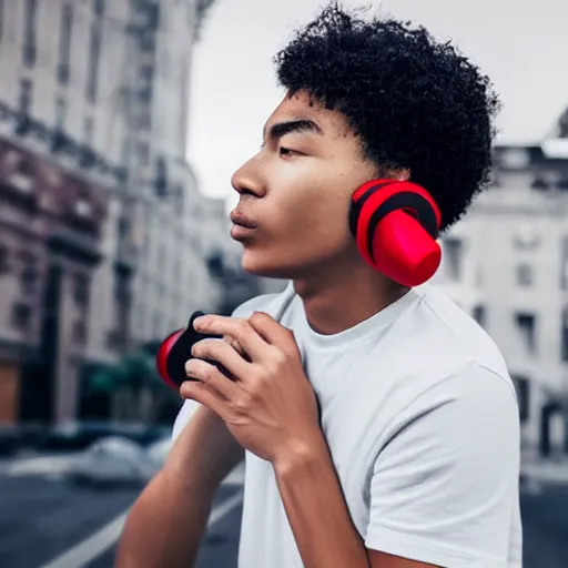 Image similar to white teenager with curly blonde hair red t shirt airpods attractive, high - quality photo realistic highly detailed high - quality 8 k