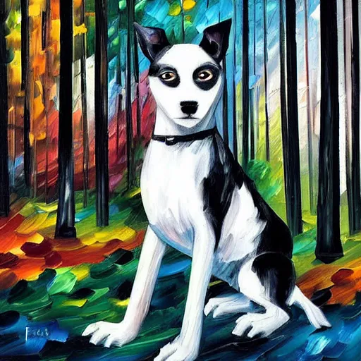 Image similar to “black and white dog in the woods, style of leonid afremov”