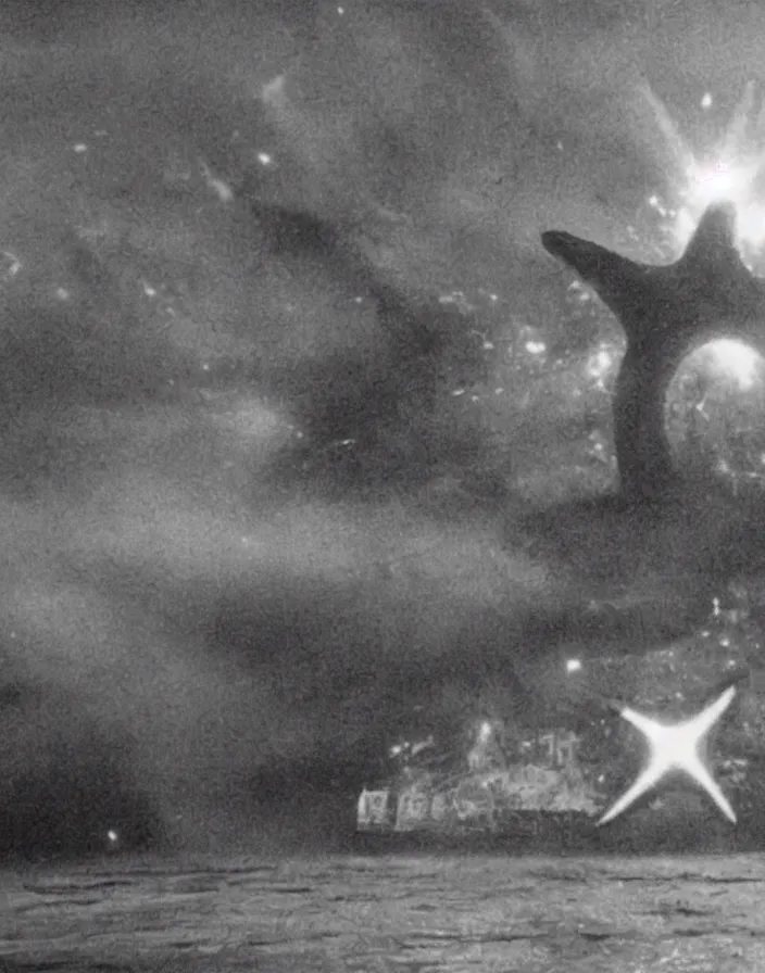 Prompt: a filmstill of a north korean monster movie, kaiju - eiga monster starfish - like trampling a traditional korean palace, foggy, film noir, urban epic battle, etheral, explosions, communist starfish, thriller, by akira kurosawa and wachowskis, video compression