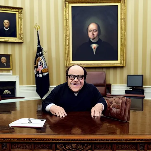 Prompt: portrait of president danny devito sitting in his chair behind the desk in the oval office