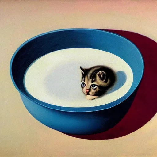 Prompt: rene magritte painting of a baby kitten inside of a bowl of soup