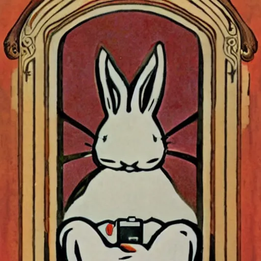 Prompt: a rabbit holding an iphone, art nouveau