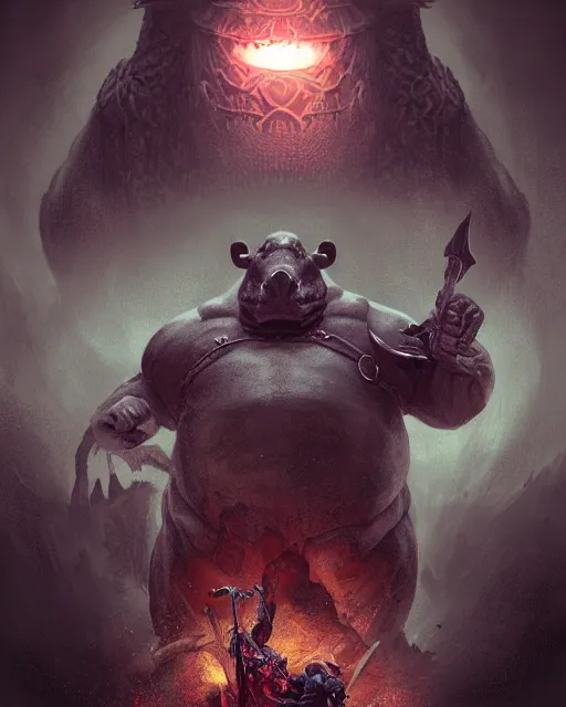 Image similar to Hippo, Anthropomorphized, portrait, as evil warlord general on skull throne, magic the gathering artwork, D&D, fantasy, cinematic lighting, centered, symmetrical, highly detailed, digital painting, artstation, concept art, smooth, sharp focus, illustration, volumetric lighting, epic Composition, 8k, art by Akihiko Yoshida and Greg Rutkowski and Craig Mullins, heroic pose, oil painting, cgsociety, Battlefield background, explosions, arrows