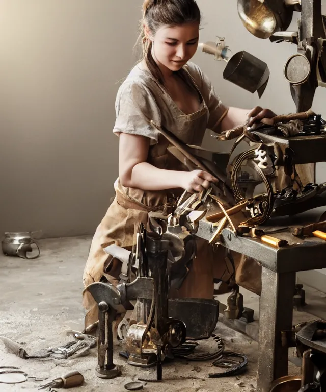 Image similar to A beautiful girl makes bronze gear on a workbench, 50mm photo, soft light, highly detailed, motion blur, trending on artstation