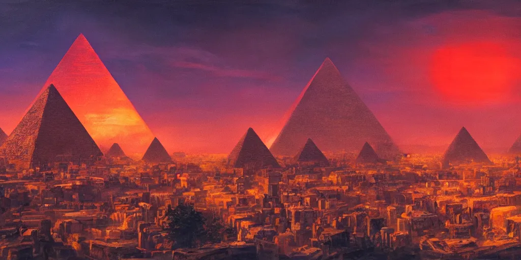 Image similar to an oil painting of a city with one pyramid in the center and walls that surround the city and a dark red sun, fantasy,hyper realistic, atmospheric lighting, cinematic, 8k,