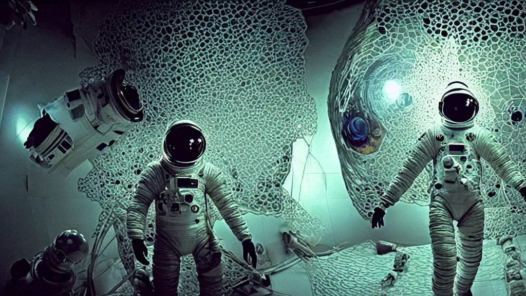 Image similar to a astronaut eva suit covered in diamond 3d fractal lace iridescent bubble 3d skin and covered with insectoid compound eye camera lenses floats through the living room, film still from the movie directed by Denis Villeneuve with art direction by Salvador Dalí, wide lens,