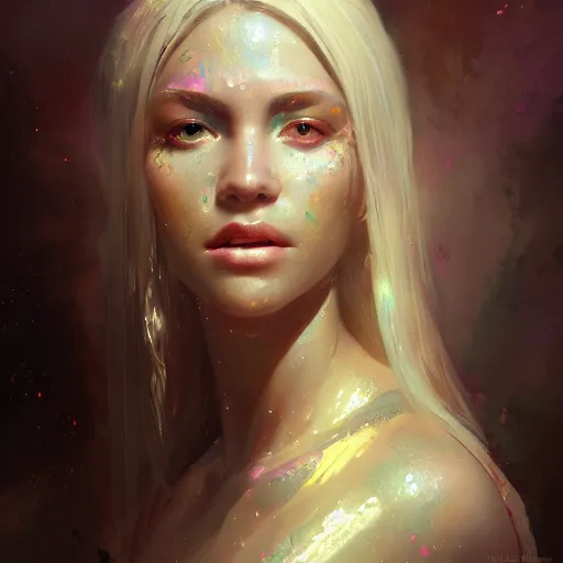 Image similar to a beautiful portrait of a goddess with iridescent skin by greg rutkowski and raymond swanland, trending on artstation