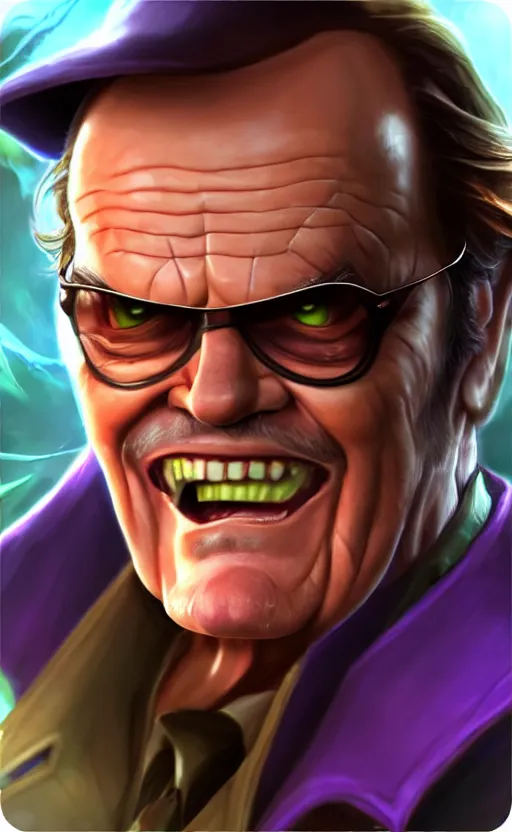 Image similar to Jack Nicholson as a character in the game League of Legends, with a background based on the game League of Legends, detailed face, old 3d graphics