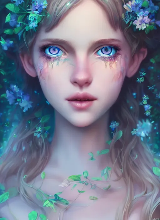 Image similar to portrait of a gorgeous fairy princess of the forest, perfect blue eyes, detailed iridescent floral pattern skin, ultra realistic, cinematic lighting, depth of field, artstation, artgerm, NeoArtCorE