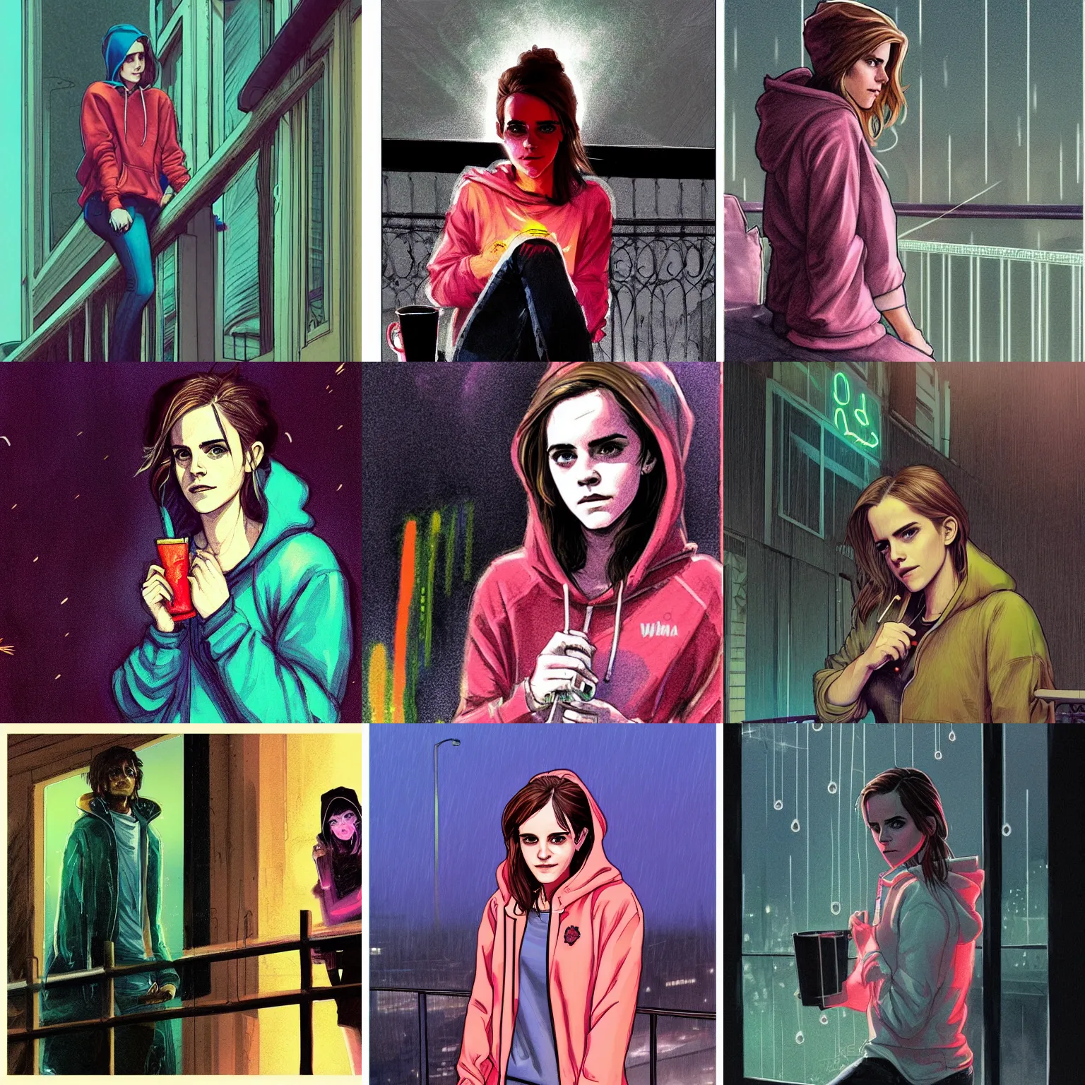 Prompt: emma watson in jeans and hoodie smoking weed sitting on the balcony at night neon and rainy theme atmosphere by Jerome Opeña trending on artstation