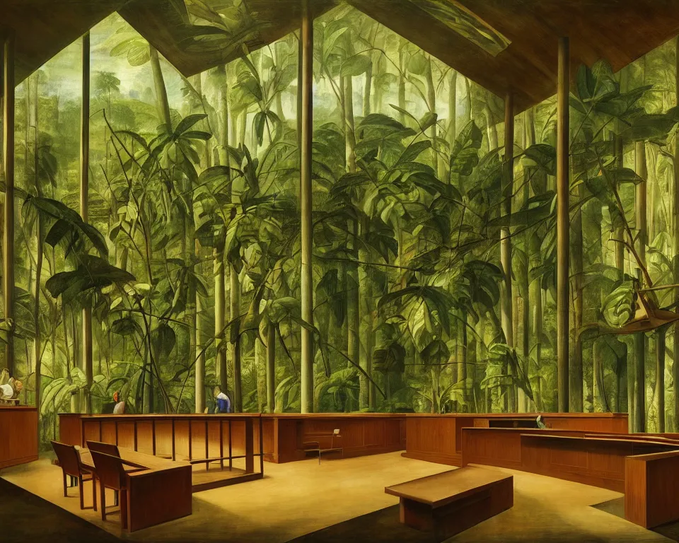 Image similar to a modernist courtroom in the rainforest by raphael and hopper. hyperdetailed, proportional, romantic, enchanting, achingly beautiful, graphic print, trending on artstation, jungle, tropical, foliage