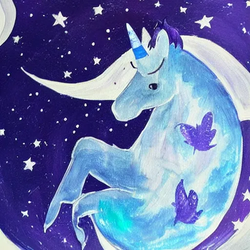 Image similar to A lonely dark-blue unicorn with wings sits on the moon's surface 🎨🖌️