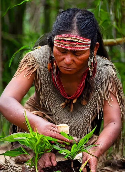 Prompt: a beautiful close up portrait of an indigenous woman preparing plant medicines in the jungle, highly detailed