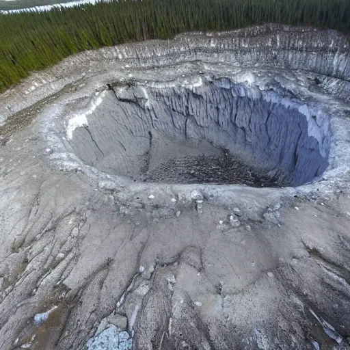 Image similar to helicopter shot of gigantic permafrost sinkhole, collapsing ground, disaster movie