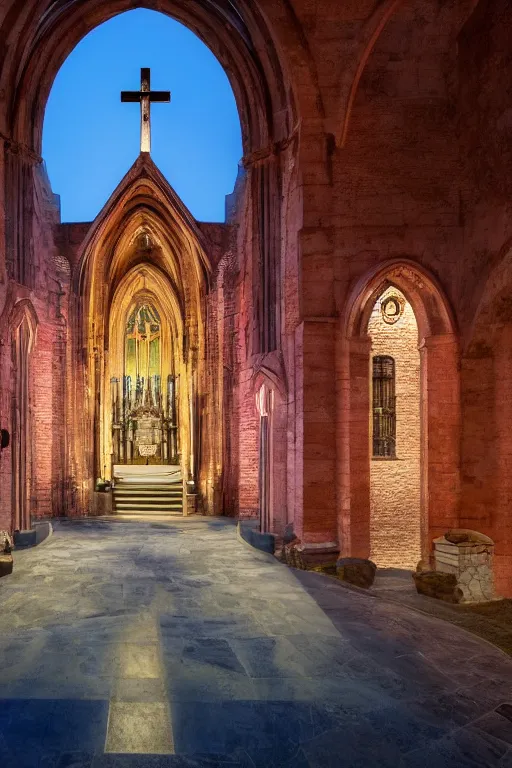 Prompt: buliding design by ricardo bofil, function is church ， red ， dusk seaside ， photography ， 8 k