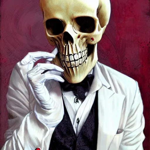 Image similar to Portrait of a suited blond with medical gloves and a skull face mask, by Gerald Brom and Kim Kyoung Hwan