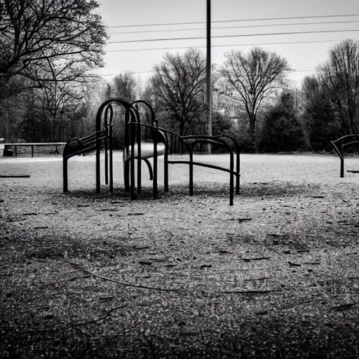 Prompt: an old abandoned children's playground, in a dismal city park, in a town filled with pale yellow mist. Dystopian. Award-winning photo. Sigma 40mm f/1.4 DG HSM