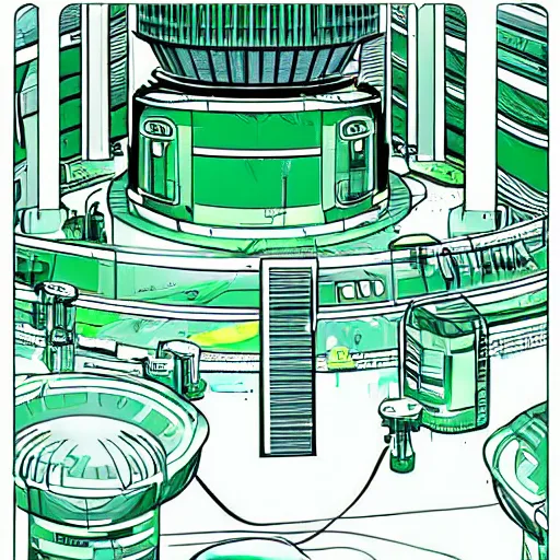 Prompt: a scifi illustration, factory interior dark with neon green vats of fluid. seen from above, parallax bloom effect, heavy linework line brush, graphic novel style