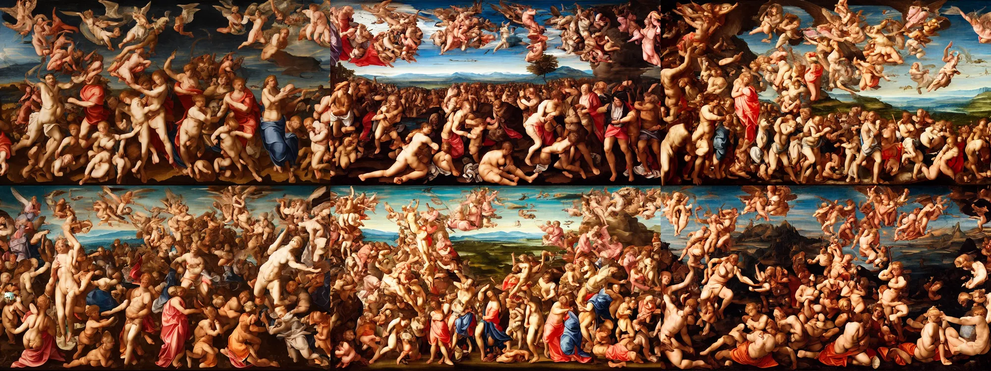Prompt: heaven and hell, classical renaissance painting, modern weaponry 4k