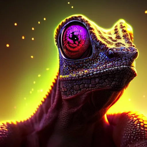 Image similar to close up portrait of an epic young chameleon lizard as a human wizard, pixar style, stylized face, intricate detail, digital painting, glowing orange eyes, vivid color, neon colors, particles floating, background by wlop, artwork by ross tran and liam wong and mike winklemann, trending on artstation