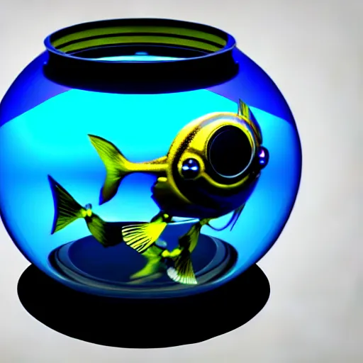 Prompt: a fish bowl mecha with arms, we can also see a fish inside of it, photorealistic 3 d render, unreal engine