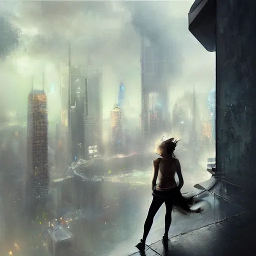 Image similar to “ a girl standing on a ledge looking down at a futuristic new york city below, ghostpunk, storm clouds, very detailed, by craig mullins ”