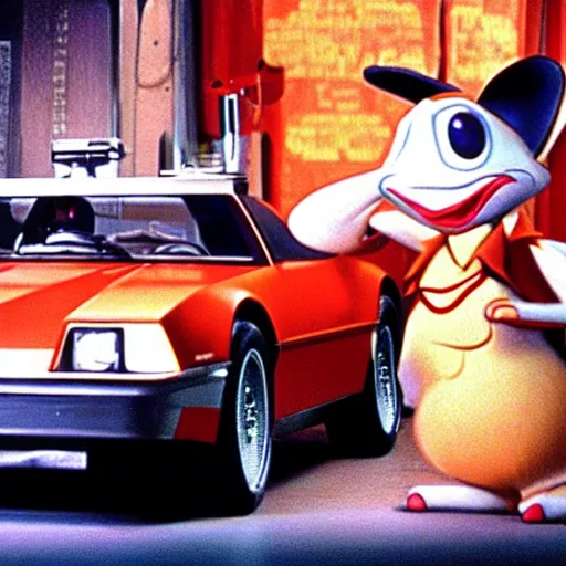 Image similar to who framed roger rabbit, cinematic still, roger rabbit in a flying delorean, high quality, futuristic