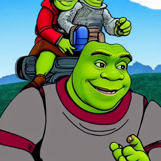 Image similar to shrek riding in a rocketship with bender from futurama