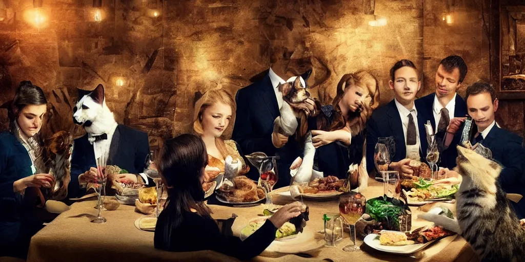 Image similar to cats and dogs wearing suits and dresses eating dinner at a restaurant, very atmospheric lighting, award winning photo, masterpiece