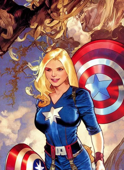 Image similar to toned young april with a mischievous face and extremely long blonde wavy hair dressed as superhero in her early 2 0 s, posing with hands behind back, captain america, tight fit, curvaceous, intricate detailed face, shiny, artgerm, greg rutkowski, alphonse mucha