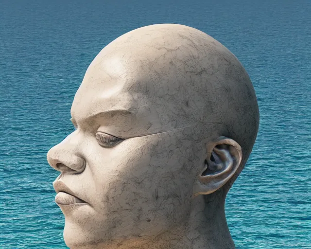 Prompt: a long shot of a giant human head award winning sculpture on the surface of the ocean, abstract sculpture, in the style of chad knight, hyper detailed, hyper realistic, ray tracing, 8 k resolution, sharp focus