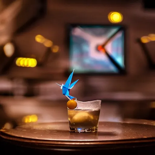 Prompt: a 3 d rendered movie still, 4 k, wide - angle medium - shot. on top of a bar, a blue hawaiian martini martini next to a small origami bird. a dart board on a wall in the background. it's happy hour, high - energy. imax, 7 0 mm dramatic lighting, digital art, photorealistic, ultra detail blade runner