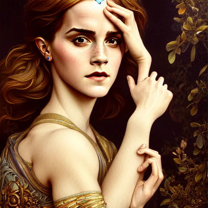 Image similar to ancient queen emma watson, diffuse lighting, fantasy, intricate, elegant, symetrical, highly detailed, lifelike, photorealistic, digital painting, artstation, illustration, concept art, smooth, sharp focus, art by john collier and albert aublet and krenz cushart and artem demura and alphonse mucha