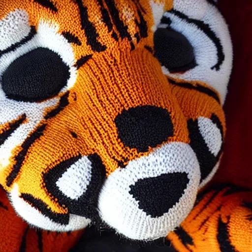 Prompt: a closeup photorealistic smiling knitted plush tiger from calvin and hobbes.