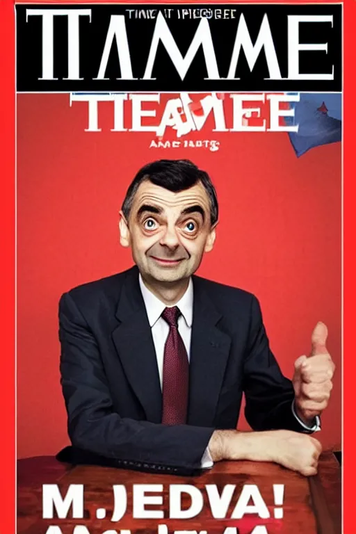 Image similar to mr. bean as us president, journalism photography, time magazine cover, cinematic lighting,