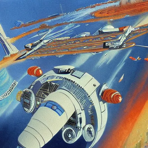 Image similar to a beautiful and detailed illustration of a spaceport in a bay by Robert McCall =, cinematic atmosphere, establishing shot@-W 1216