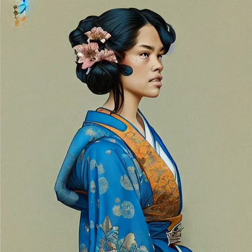 Image similar to full figure ultra realistic illustration, tessa thompson wearing a maiden blue kimono, brown flowy hair, edo japan, intricate, elegant, highly detailed, digital painting, artstation, concept art, smooth, sharp focus, illustration, art by artgerm and greg rutkowski and alphonse mucha