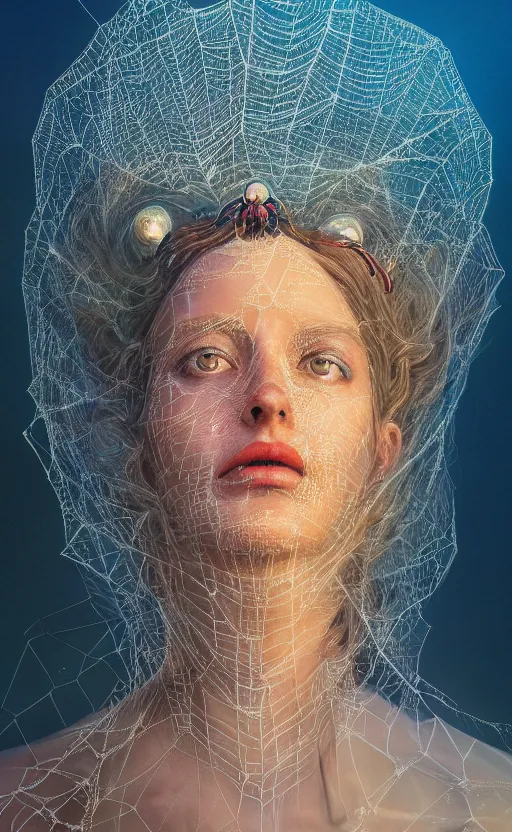 Image similar to a oil painting hyperrealism of a beautiful woman, cobwebs, spider makeup, cobwev headdress, 8 k resolution, octane render, trending on artstation, by gediminas pranckevicius, volumetric light 2 blue fractal thunder glow by dan mumford, anaglyph effect, laurie lipton