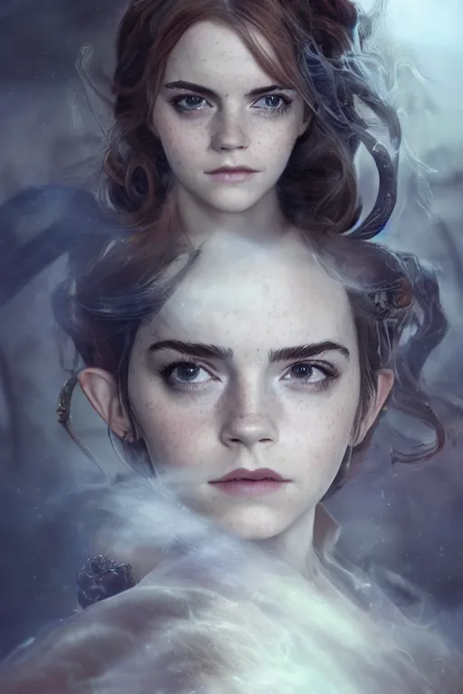 Prompt: a mix of of emma watson, anya taylor - joy and emma stone, sorceress elf, lord of the rings, movie still, hyperrealism, octane render, extremely detailed, intricate smoke magic, lace, style of mark ryden, earl nore, hyung tae, frank frazetta