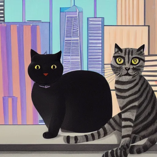 Prompt: anthropomorphic grey tabby cat and solid black cat sitting together looking at view of toronto city detailed painting 4 k n 4