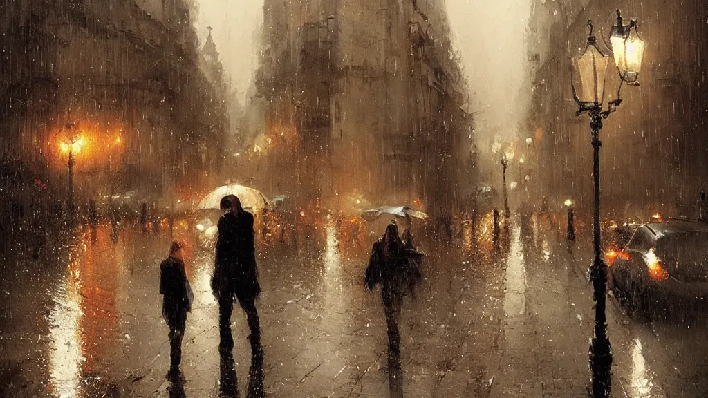 Prompt: rainy night in paris, greg rutkowski