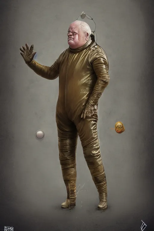 Prompt: joe egan as baron harkonnen wearing a leather spacesuit and floating in the air by normal rockwell, artstation concept character art