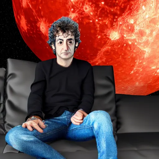 Image similar to gustavo cerati sitting on a sofa looking at the red moon, universe, stars, digital art, render unreal engine, highly detailed face, asymmetrical