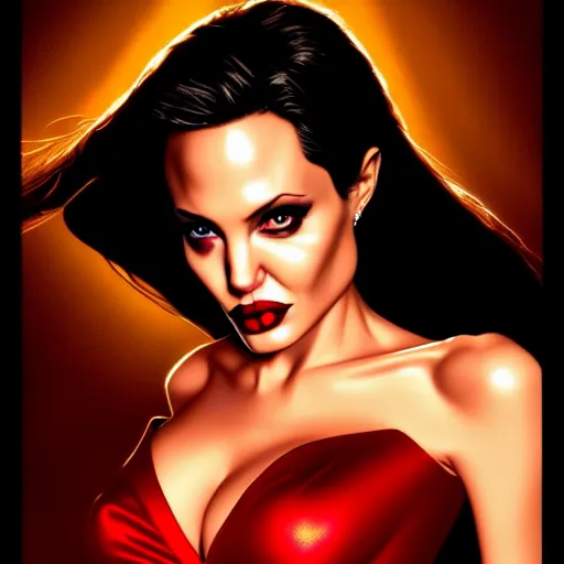 Image similar to angelina jolie as jessica rabbit red dress, character headshot portrait, sharp, digital matte painting, art by luis royo, greg rutkowski, wlop, dramatic lighting, trending on artstation